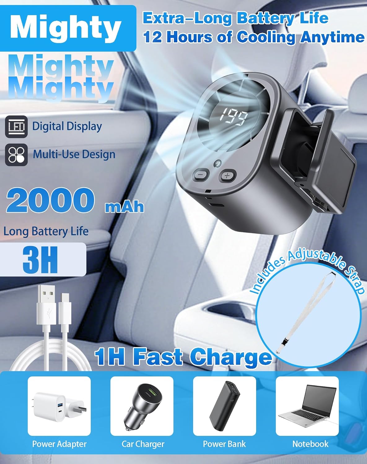 USB Rechargeable Car Clip on A - Outdoor Camping Air Conditioner recensione e prezzo